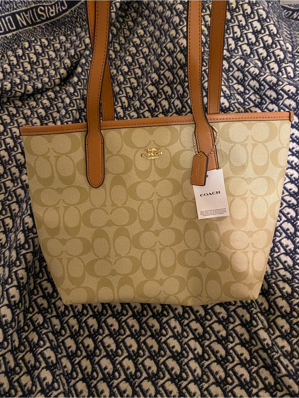 Signature Coated Canvas Tote in Beige with Tan Trim